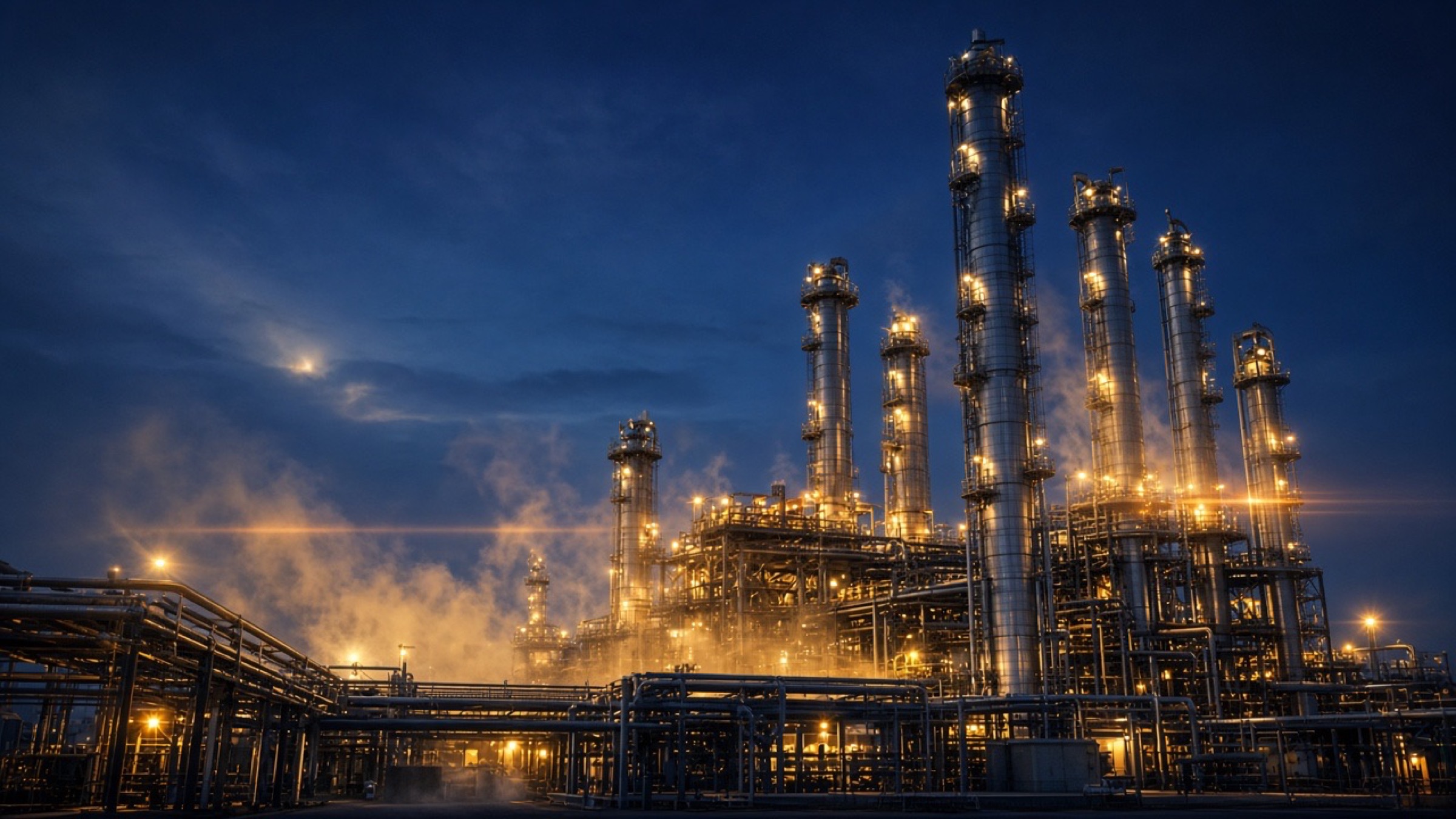 Cinematic industrial plant complex at blue hour